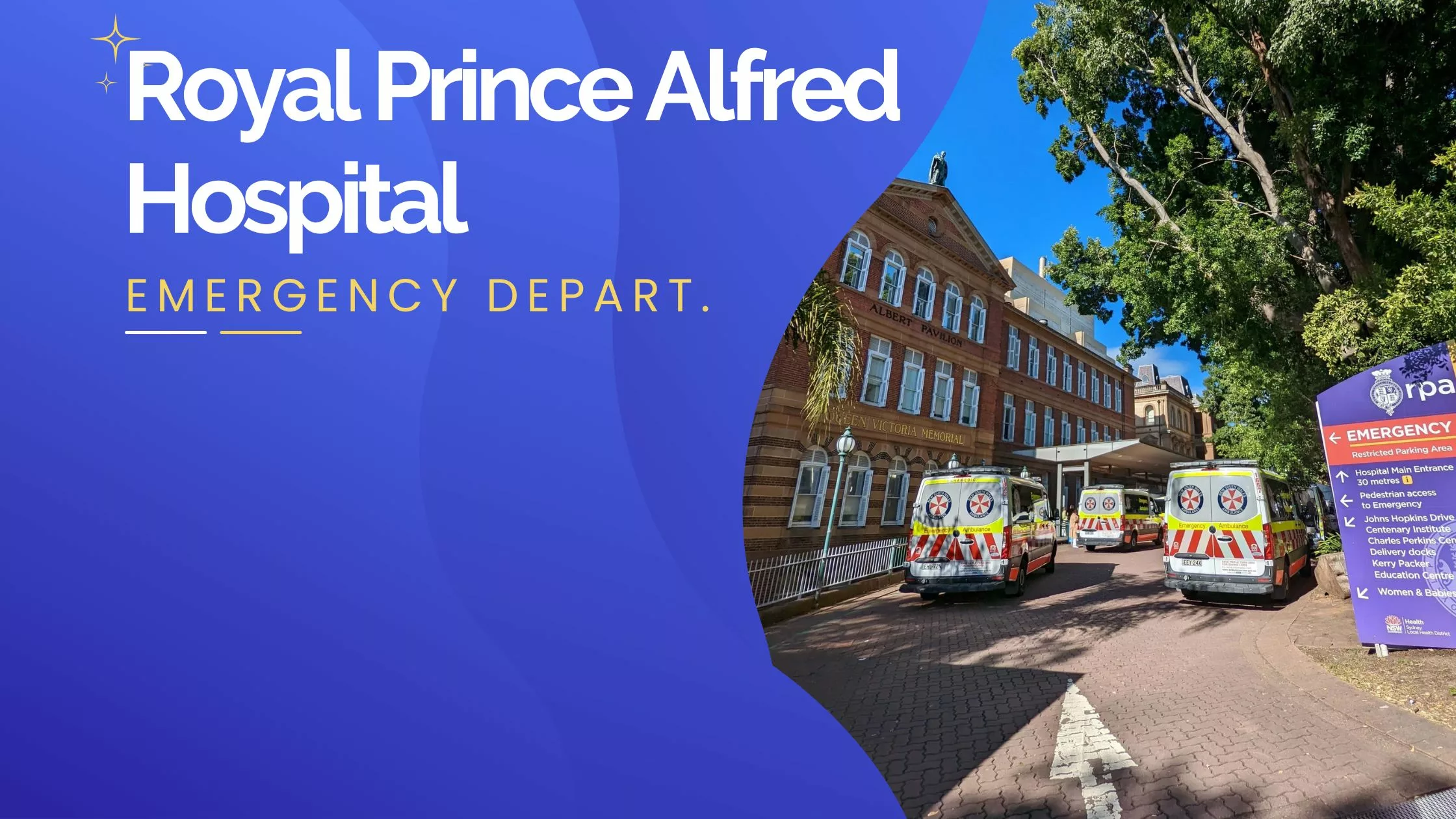 Royal Prince Alfred Hospital emergency department entrance with ambulances parked outside.